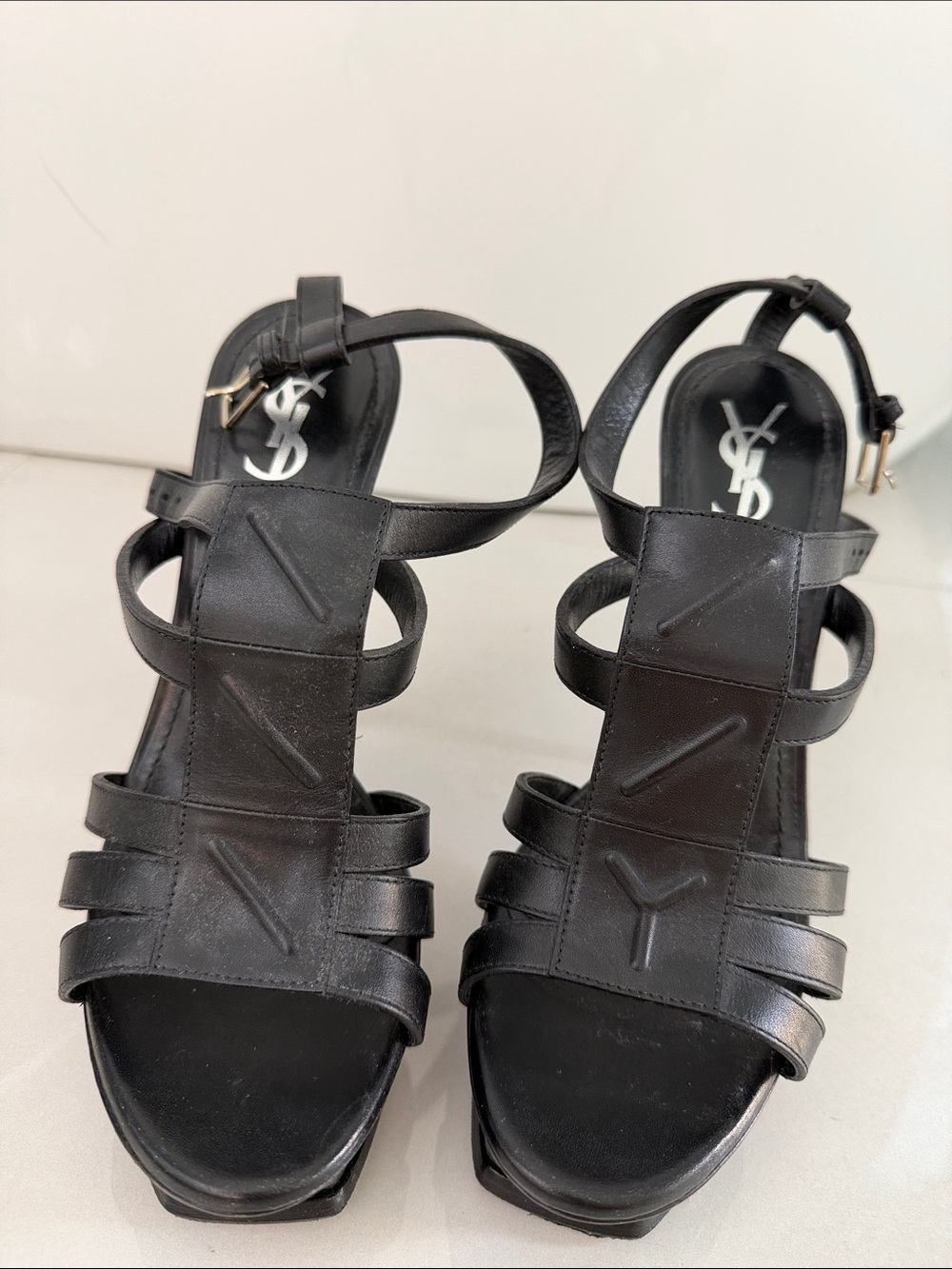 Saint Laurent Black Leather Strappy Platform Sandals